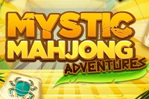 Gul og oransje grafikk med teksten Mystic Mahjong Adventures og et lite krabbemotiv nederst