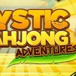 Gul og oransje grafikk med teksten Mystic Mahjong Adventures og et lite krabbemotiv nederst