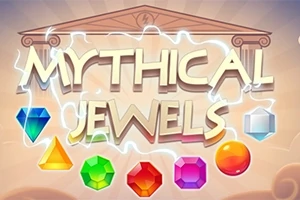 Tittelen Mythical Jewels med lyn og fargerike juveler på en bakgrunn av et antikt tempel
