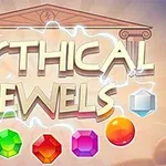 Tittelen Mythical Jewels med lyn og fargerike juveler på en bakgrunn av et antikt tempel