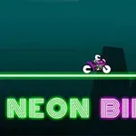 En lilla motorsykkel kjører på en neonfarget linje med teksten “Neon Biker” skrevet i neonbokstaver under