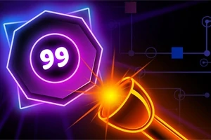 En lysende oransje kanon skyter en kule mot et lilla heksagon med tallet 99 i neonlys