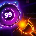 En lysende oransje kanon skyter en kule mot et lilla heksagon med tallet 99 i neonlys