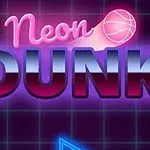 Neonfarget tekst med ordene Neon Dunk mot en mørk bakgrunn med rutemønster