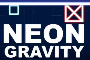 Hvit tekst med ordene NEON GRAVITY på en mørk bakgrunn med geometriske former i neonfarger