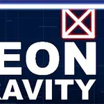Hvit tekst med ordene NEON GRAVITY på en mørk bakgrunn med geometriske former i neonfarger