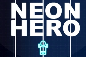 Stor hvit tekst med ordene NEON HERO over en bakgrunn av parallelle linjer og en liten blå neonfigur nederst