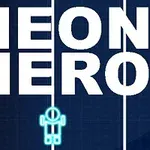 Stor hvit tekst med ordene NEON HERO over en bakgrunn av parallelle linjer og en liten blå neonfigur nederst