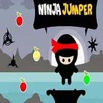En tegnet ninjafigur med rødt pannebånd står på en plattform omgitt av fargede frukter og ninjastjerner mot en bakgrunn av fjell og vann