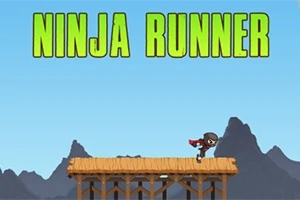 En liten ninja løper over en trebane med fjell i bakgrunnen under stor gul tekst som sier Ninja Runner