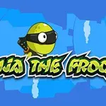 Grønn frosk med ninja-hodebånd og teksten Ninja The Frog på blå bakgrunn