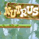 Et ekorn som løper på en gren i en fargerik skog med teksten Nut Rush i bakgrunnen
