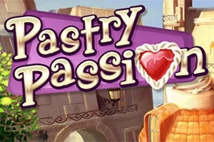 Tittelen Pastry Passion med en hjerteformet kake som erstatter bokstaven o mot en bakgrunn av pastellfargede bygninger