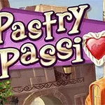 Tittelen Pastry Passion med en hjerteformet kake som erstatter bokstaven o mot en bakgrunn av pastellfargede bygninger