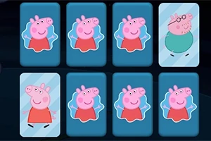 Åtte blå kort med tegninger av rosa griser i ulike positurer; syv kort med en liten gris og ett kort med en større gris