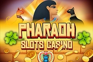 Fargerik illustrasjon som viser en egyptisk-inspirert tematikk med to katter, en kvinneprofil, mynter, tekst, og firkløver