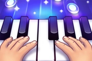 To hender spiller på et lysende piano med stjerner og musikalske elementer i bakgrunnen