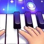To hender spiller på et lysende piano med stjerner og musikalske elementer i bakgrunnen