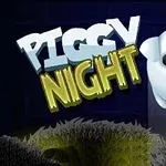 En tegnet, hvit, flygende gris med store øyne ved siden av teksten Piggy Night på en mørk bakgrunn