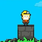 Pixelert karakter med hjelm står på en steinblokk i et fargerikt landskap med blå himmel og skyer