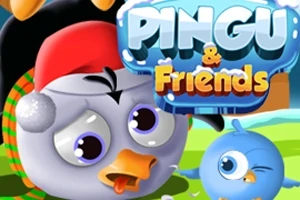 En illustrasjon av en tegneseriepingvin med nisselue og en blå fugl ved siden av, foran en bakgrunn med logoen PINGU & Friends