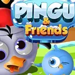 En illustrasjon av en tegneseriepingvin med nisselue og en blå fugl ved siden av, foran en bakgrunn med logoen PINGU & Friends