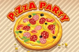 Pizza med pepperoni, oliven, tomater, og urter, med teksten Pizza Party i fargerike bokstaver