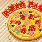 Pizza med pepperoni, oliven, tomater, og urter, med teksten Pizza Party i fargerike bokstaver