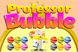 Professor med gule barter står foran fargerike stripete bobler og teksten Professor Bubble i store bokstaver