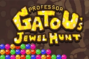 Tekst med tittelen Professor Gatous Jewel Hunt i gule og lysende bokstaver over fargerike juveler