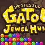 Tekst med tittelen Professor Gatous Jewel Hunt i gule og lysende bokstaver over fargerike juveler