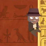 En tegnet figur med hatt klatrer på en vegg dekorert med egyptiske hieroglyfer