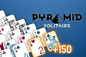 En pyramide av spillekort med teksten Pyramid Solitaire på blå bakgrunn, samt et kort med +150 poeng