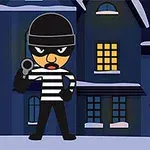 En tegneseriefigur utkledd som tyv med stripete genser og maske står foran et hus om natten
