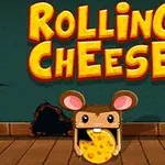 En tegneseriemus holder en ost foran teksten Rolling Cheese på en brun gulvbakgrunn