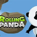 En tegnet panda klatrer på en klippe med navnet Rolling Panda ved siden av