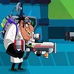 En tegneserieaktig scene med en ond vitenskapsmann i hvit labfrakk som holder et avansert våpen, står mot en soldat i gul uniform med gassmaske og våpen i en futuristisk setting