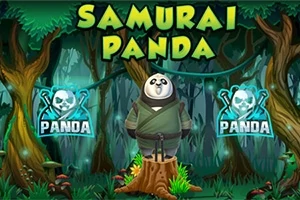 En panda kledd i samurai-drakt står på en trestubbe i en skog med teksten Samurai Panda over