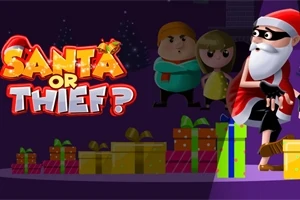 En animert julenisse med maske står ved siden av en rekke gavemotiver, med to figurer i bakgrunnen og teksten Santa or Thief?