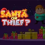 En animert julenisse med maske står ved siden av en rekke gavemotiver, med to figurer i bakgrunnen og teksten Santa or Thief?