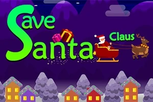 Tegning av julenissen i en slede trukket av reinsdyr, med teksten Save Santa Claus over i en vinterlig nattscene med snødekte hus og fjell