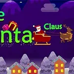 Tegning av julenissen i en slede trukket av reinsdyr, med teksten Save Santa Claus over i en vinterlig nattscene med snødekte hus og fjell