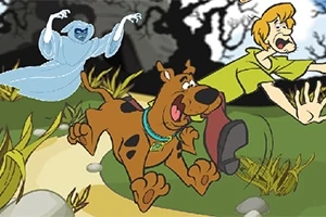 En tegnet hund og en mann løper skremt fra et spøkelse i en skog