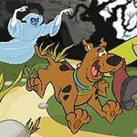 En tegnet hund og en mann løper skremt fra et spøkelse i en skog