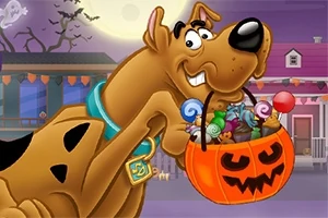 En tegneseriehund holder en Halloween-gresskarbøtte full av godteri foran et hus dekorert for Halloween