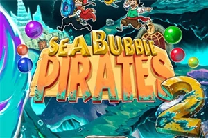 Fargerik illustrasjon med teksten Sea Bubble Pirates 2 i sentrum, omgitt av bobler og piratfigurer