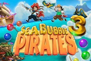 To piratkarakterer med en papegøye over en fargerik bakgrunn med bobler og et skip, og teksten Sea Bubble Pirates 3