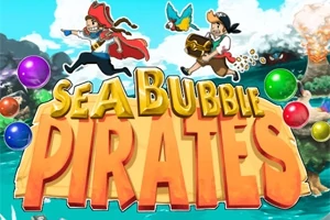 To pirater som løper med skatter og papegøye over en fargerik bakgrunn med bobler, med teksten Sea Bubble Pirates i forgrunnen