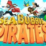 To pirater som løper med skatter og papegøye over en fargerik bakgrunn med bobler, med teksten Sea Bubble Pirates i forgrunnen