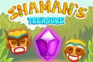 Fargerikt illustrasjon med to totemmasker, en stor lilla krystall, og teksten Shamans Treasure på en bakgrunn av jungelblader